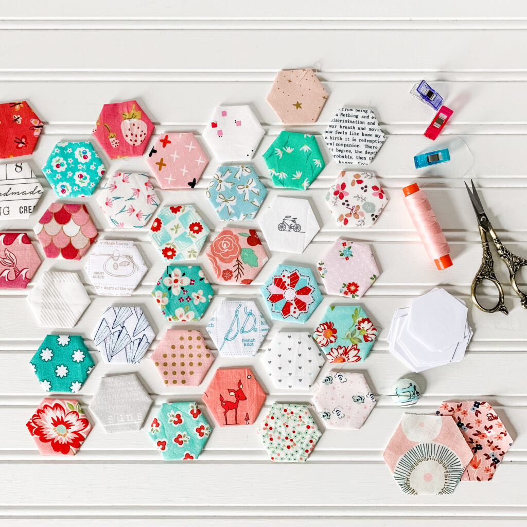 English Paper Pieced Hexagons and tools